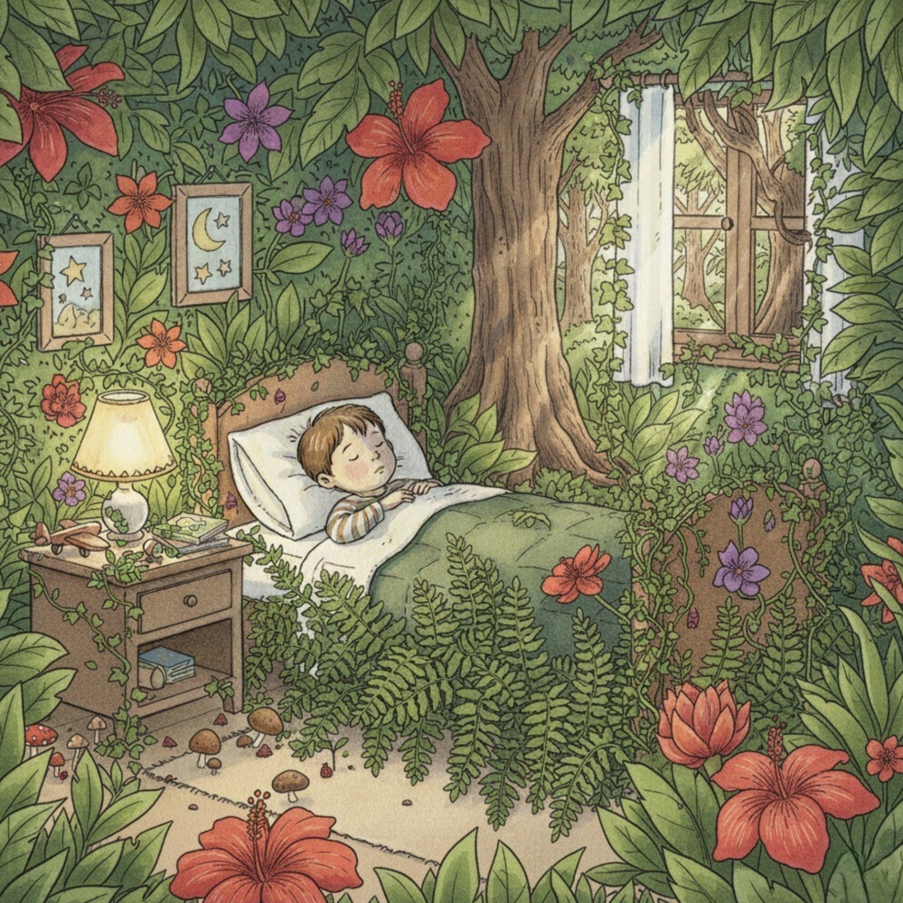 Child sleeping peacefully in bed before dinosaur jungle adventure begins - calming bedtime illustration from The Dinosaur Tree