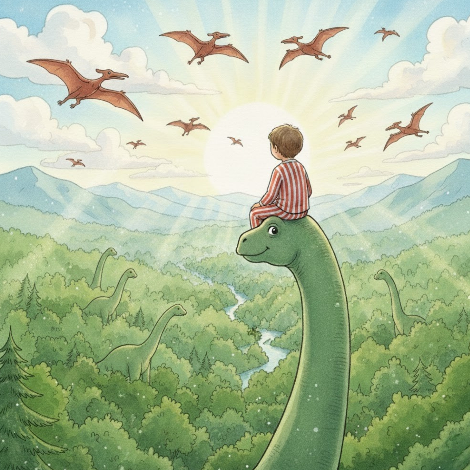 Dinosaur Tree magical adventure scene with child and friendly dinosaur - mindfulness bedtime story for ages 3-9